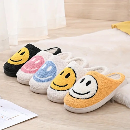 Kawaii Design Smiling Face Slippers, Warm Slip On Soft Plush Cozy Shoes, Women's Indoor Home Slippers Size (11.5-12) Color (Light Blue)