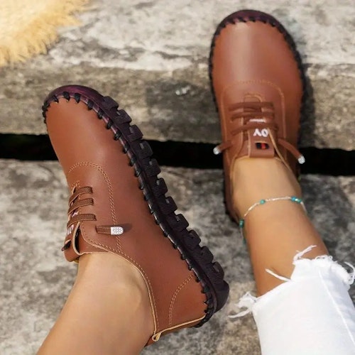 Women's Handmade Flat Sneakers, Solid Color Lace Up Round Toe Faux Leather Shoes, Casual Walking Shoes Color (Dark Brown) Size (7)