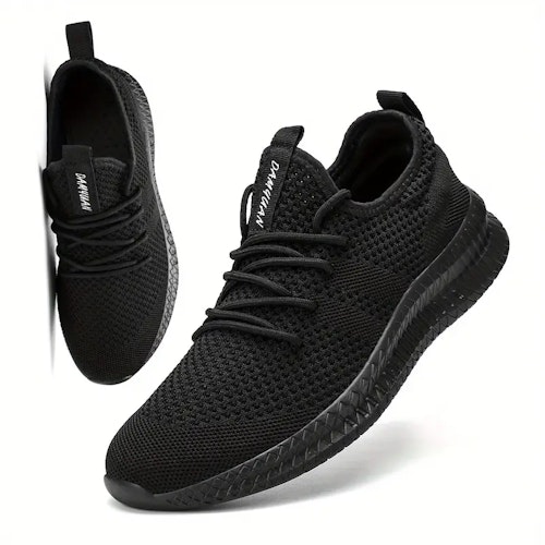 Men's Trendy Breathable Lace Up Knit Sneakers With Assorted Colors, Casual Outdoor Running Walking Shoes Color (black) Size (9)