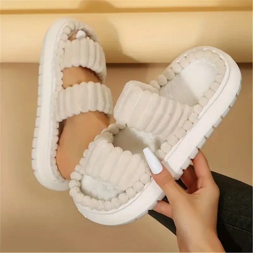 Women's Double Straps Plush Slippers, Solid Color Open Toe Non Slip Comfy Slides Shoes, Fashion Indoor Platform Slippers Size (9.5-10) Color (Beige Color)