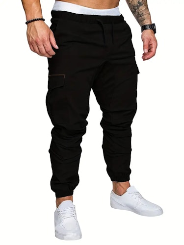 Casual Side Flap Pockets Drawstring Woven Joggers, Men's Cargo Pants For Spring Fall Outdoor Size (M) Color (Khaki)