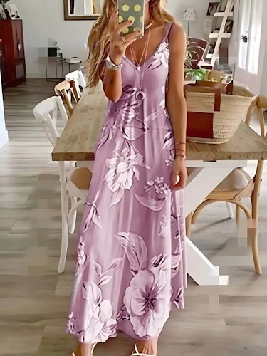 Floral Print Spaghetti Dress, Casual Crew Neck Ankle Cami Dress, Women's Clothing Size (L) Color (Purple)