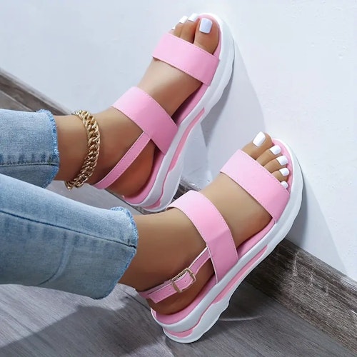Women's Platform Open Toe Sandals, Solid Color Ankle Buckle Strap Non Slip Shoes, Casual Outdoor Sandals Color (Pink) Size (11)
