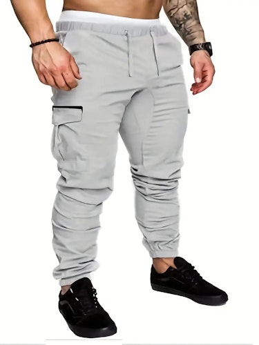 Casual Side Flap Pockets Drawstring Woven Joggers, Men's Cargo Pants For Spring Fall Outdoor Size (M) Color (Grey)