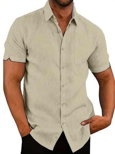 Classic Solid Color Men's Casual Short Sleeve Shirt, Men's Shirt For Summer Vacation Resort Size (M) Color (Wheat-colored)
