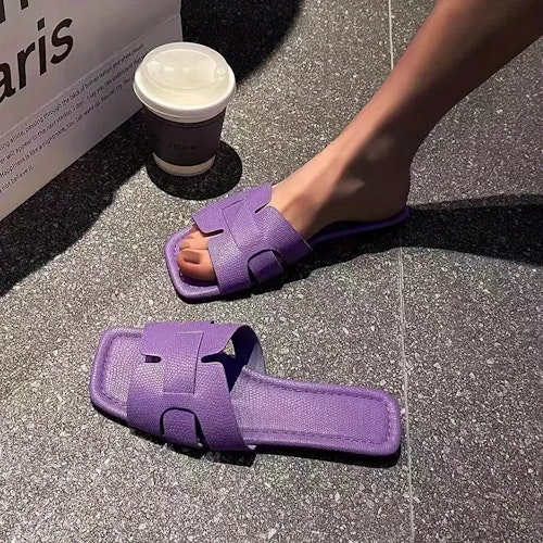 Women's Minimalist Square Toe Flat Sandals, Hollow Out Open Toe Slides Sandals, Women's Footwear Color (Purple) Size (8.5)