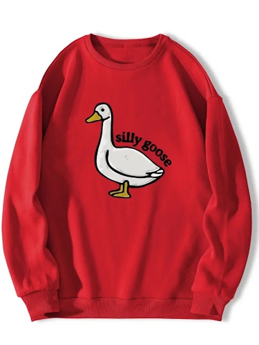 Silly Goose Print Crew Neck Fleece Sweatshirt Warm Pullover For Men Solid Color Sweatshirts For Winter Fall Long Sleeve Tops Size (L) Color (Red)