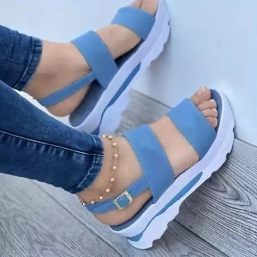 Women's Platform Open Toe Sandals, Solid Color Ankle Buckle Strap Non Slip Shoes, Casual Outdoor Sandals Color (Blue) Size (11)