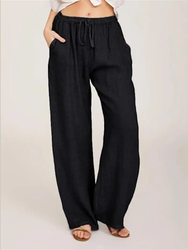 Drawstring Wide Leg Pants, Solid Loose Palazzo Pants, Casual Every Day Pants, Women's Clothing Size (L) Color (Black)