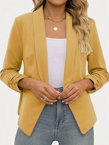 Ruched Solid Blazer, Casual Open Front Work Office Outerwear, Women's Clothing Size (S) color (Earth-Yellow)