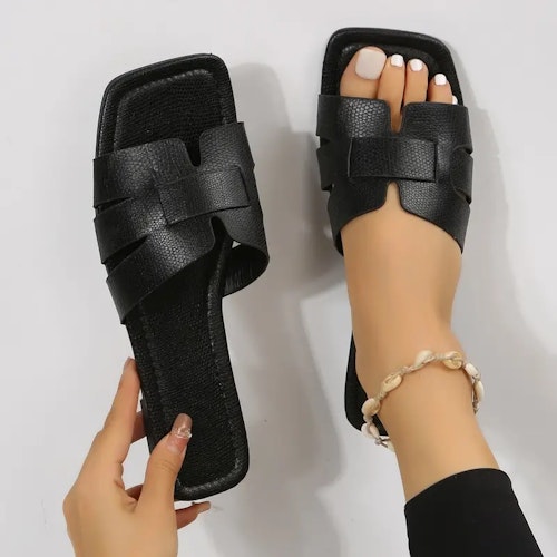 Women's Minimalist Square Toe Flat Sandals, Hollow Out Open Toe Slides Sandals, Women's Footwear Color (black) Size (10.5)