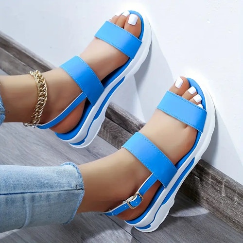 Women's Platform Open Toe Sandals, Solid Color Ankle Buckle Strap Non Slip Shoes, Casual Outdoor Sandals Color (Blue) Size (8)