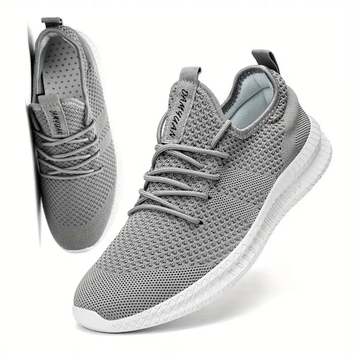Men's Trendy Breathable Lace Up Knit Sneakers With Assorted Colors, Casual Outdoor Running Walking Shoes Color (grey) Size (13)