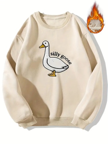 Silly Goose Print Crew Neck Fleece Sweatshirt Warm Pullover For Men Solid Color Sweatshirts For Winter Fall Long Sleeve Tops Size (XXL) Color (Apricot)