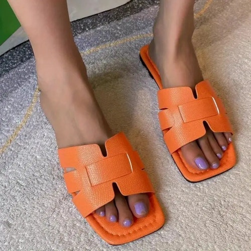 Women's Minimalist Square Toe Flat Sandals, Hollow Out Open Toe Slides Sandals, Women's Footwear Color (Reddish orange) Size (7.5)