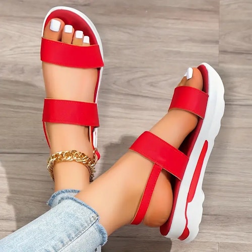 Women's Platform Open Toe Sandals, Solid Color Ankle Buckle Strap Non Slip Shoes, Casual Outdoor Sandals Color (Red) Size (10)