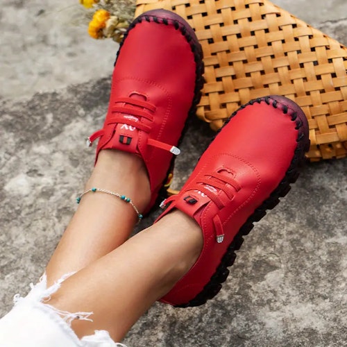 Women's Handmade Flat Sneakers, Solid Color Lace Up Round Toe Faux Leather Shoes, Casual Walking Shoes Color (Red) Size (7.5)