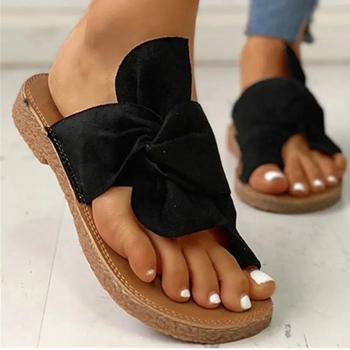 Women's Twist Knot Flat Toe Loop Slides, Solid Color Open Toe Bohomian Outdoor Slippers, Summer Beach Slides Shoes Size (6.5) Color (Black)
