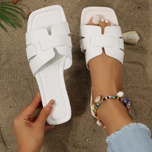 Women's Minimalist Square Toe Flat Sandals, Hollow Out Open Toe Slides Sandals, Women's Footwear Color (White) Size (7.5)