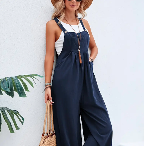 Boho Solid Sleeveless Long Length Jumpsuit, Casual Baggy Jumpsuit With Pockets, Women's Clothing. Size S(4). Color. Baby Blue.