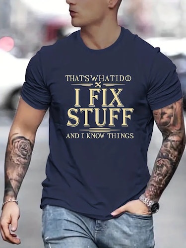 Men's Casual Crew Neck "I Fix Stuff" Print Short Sleeves T-shirt For Summer Size (S) Color (Navy Blue)