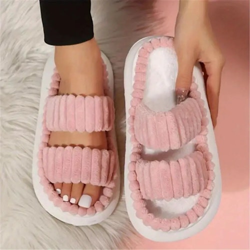 Women's Double Straps Plush Slippers, Solid Color Open Toe Non Slip Comfy Slides Shoes, Fashion Indoor Platform Slippers Size (6.5-7) Color (Pink)