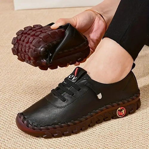 Women's Handmade Flat Sneakers, Solid Color Lace Up Round Toe Faux Leather Shoes, Casual Walking Shoes Color (black) Size (9.5)