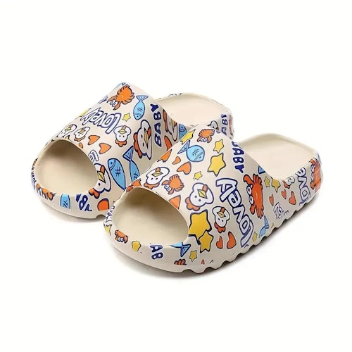 Women's Cartoon Print Pillow Slides, Open Toe Non-slip EVA Slippers, Indoor & Outdoor Shoes Size (5.5-6) Color (Chick White)