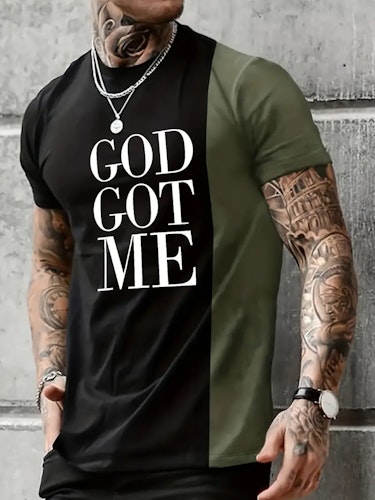 ''GOD GOT ME'' Men's Color Block T-shirt, Casual Stretch Loose Tees For Summer Size (XS) Color (Army Green)