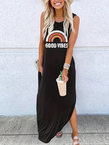 Good Vibes Letter Print Dress, Sleeveless Crew Neck Casual Dress For All Season, Women's Clothing  Size (S) Color (Black)