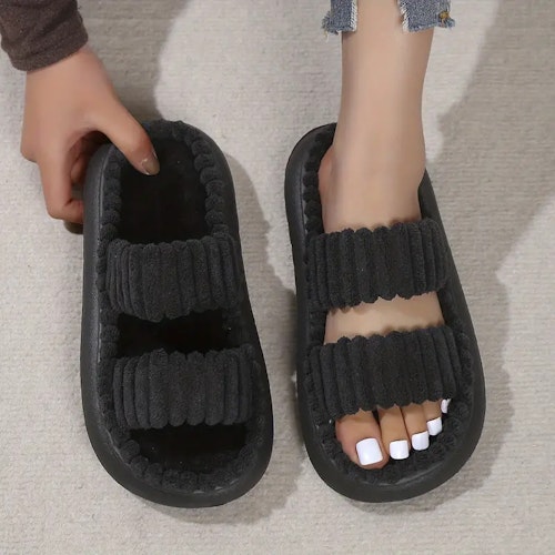 Women's Double Straps Plush Slippers, Solid Color Open Toe Non Slip Comfy Slides Shoes, Fashion Indoor Platform Slippers Size (7.5-8) Color (black)