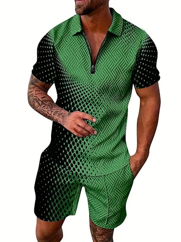 Men's Polyester Thin V-neck Zipper Sweatsuits With V-neck Zipper T-shirt & Shorts Christmas Gifts Best Sellers Size (L) Color (Green)