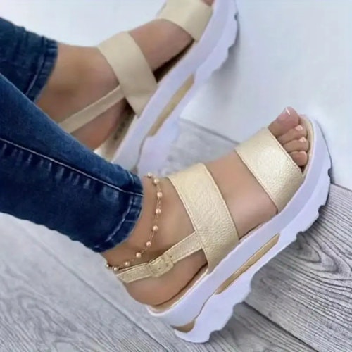 Women's Platform Open Toe Sandals, Solid Color Ankle Buckle Strap Non Slip Shoes, Casual Outdoor Sandals Color (Golden) Size (10)