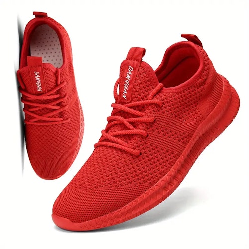 Men's Trendy Breathable Lace Up Knit Sneakers With Assorted Colors, Casual Outdoor Running Walking Shoes Color (Red) Size (14)