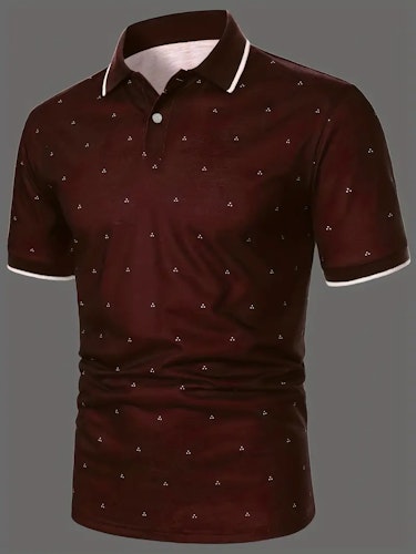 Men's Polo Shirts, Casual Navy Blue Slim Fit Lapel Button Up Polo Shirt Size (S) Color (Dark Red)