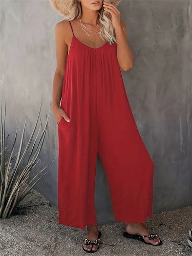 Boho Spaghetti Ruched Jumpsuit, Casual Sleeveless Long Length Wide Leg Jumpsuit, Women's Clothing Size (XS, S, M, L, XL, XXL) Color (Red)