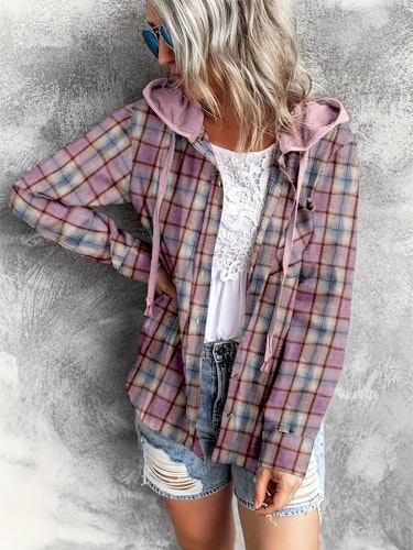 Plaid Print Hooded Shirt, Casual Long Sleeve Drawstring Shirt, Women's Clothing  Size (S) Color (Violets)