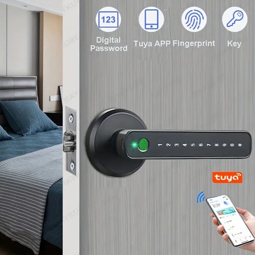 Tuya SmartLife APP Smart Fingerprint Biometrics Password Single Latch Lock Dead Bolt With Key For Indoor Wooden Metal Door