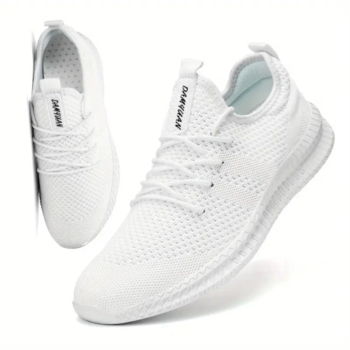 Men's Trendy Breathable Lace Up Knit Sneakers With Assorted Colors, Casual Outdoor Running Walking Shoes Color (White) Size (15.5)