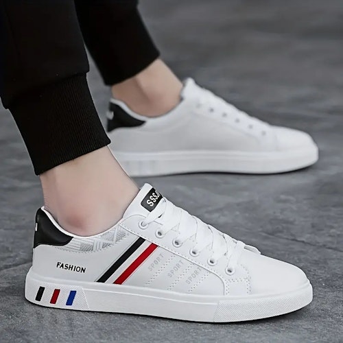 Men's Lace-up Sneakers, Striped Detail Design Skate Shoes With Good Grip, Breathable Color (White And Black) Size (8)