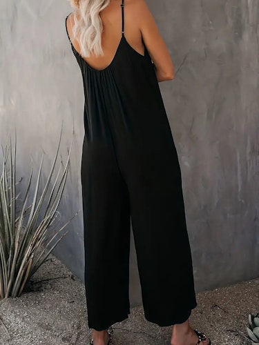 Boho Spaghetti Ruched Jumpsuit, Casual Sleeveless Long Length Wide Leg Jumpsuit, Women's Clothing Size (XS, S, M, L, XL, XXL) Color (Black)