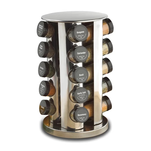 Kamenstein Revolving 20-Jar Countertop Rack Tower Organizer, Polished Stainless Steel with Black Caps