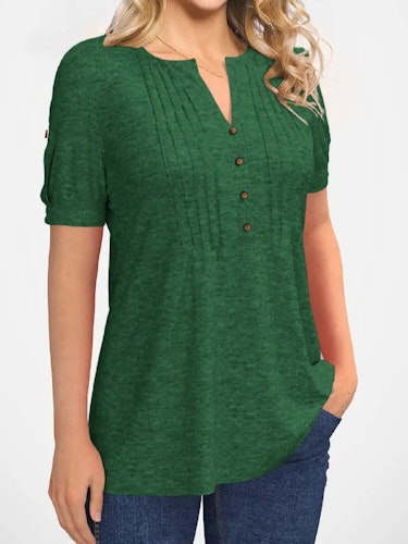 Women's T-shirt Casual Crew Neck Solid Pleated Button Short Sleeve Loose Fashion Summer T-shirt Size (XS, S, M, L, XL, XXL) Color (Green)