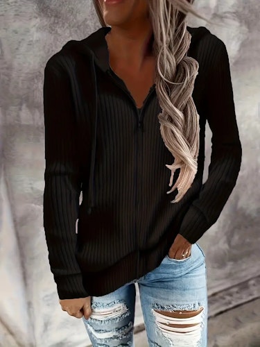 Zip Up Drawstring Hoodies, Casual Soldi Long Sleeve Sweatshirt, Women's Clothing (L) Color (black)