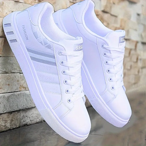 Men's Lace-up Sneakers, Striped Detail Design Skate Shoes With Good Grip, Breathable Color (White and Grey) Size (8)
