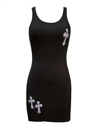 Cross Embroidered Dress, Sexy Crew Neck Bodycon Summer Dress, Women's Clothing