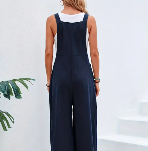 Boho Solid Sleeveless Long Length Jumpsuit, Casual Baggy Jumpsuit With Pockets, Women's Clothing. Size S(4). Color. Baby Blue.