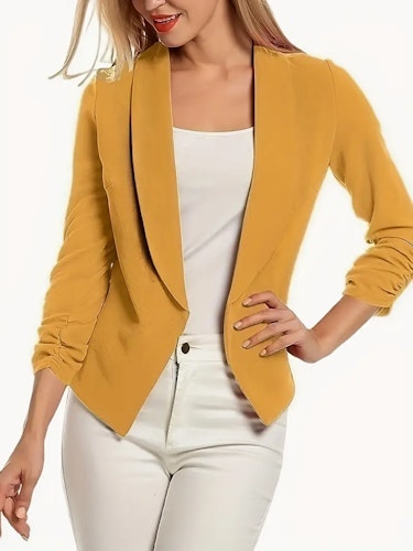Ruched Solid Blazer, Casual Open Front Work Office Outerwear, Women's Clothing Size (S) color (Earth-Yellow)