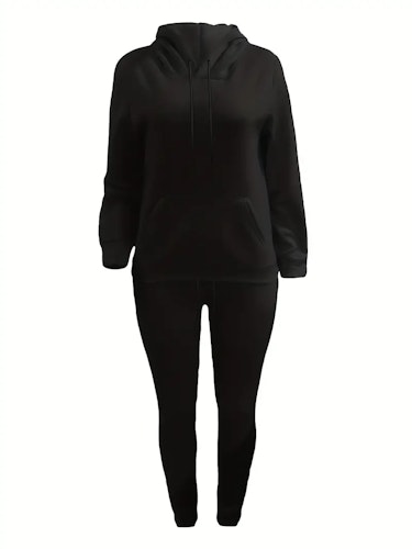 Casual Drawstring Pantsuits Two-piece Set, Pocket Hoodies Tops & Loose Long Sweatpants Set, Women's Clothing Size (XS, S, M, L, XL, XXL) Color (Black)