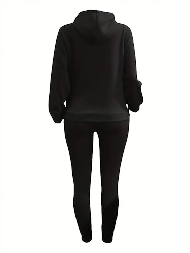 Casual Drawstring Pantsuits Two-piece Set, Pocket Hoodies Tops & Loose Long Sweatpants Set, Women's Clothing Size (XS, S, M, L, XL, XXL) Color (Black)